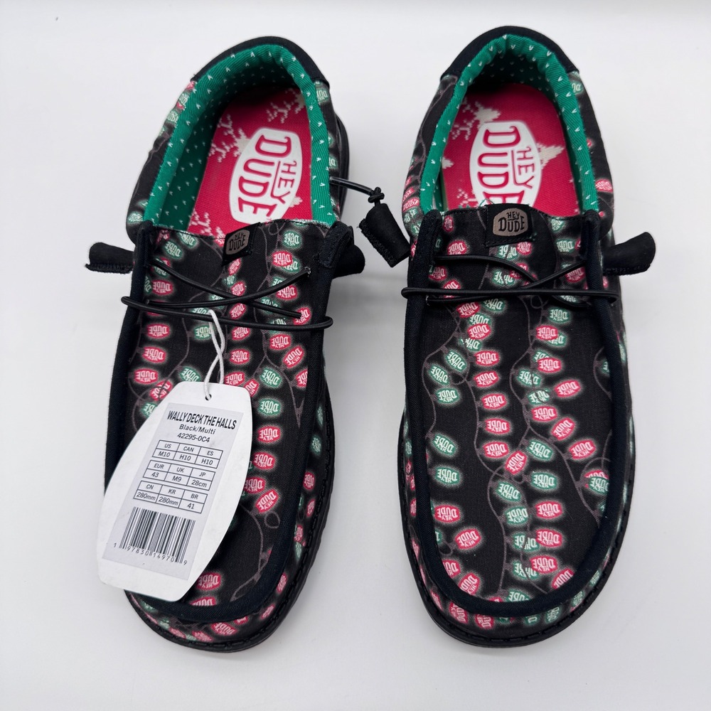 Hey Dude Wally Deck The Halls Men 10 Black Multi NWT Holiday Christmas Loafers